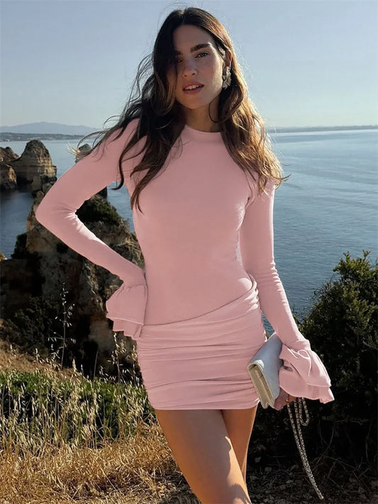Ruffled Patchwork High Waist Mini Dress ’s Pleated Skinny Y2k Autumn Party Dress Female Dress