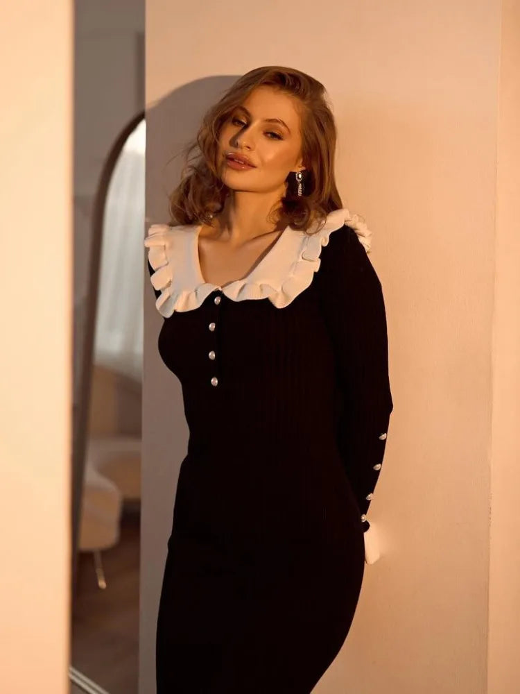 Ruffled Patchwork Knit Maxi Dress for Ribbed Long Sleeve Party Dress Gown Slim Knitwear Long Dress