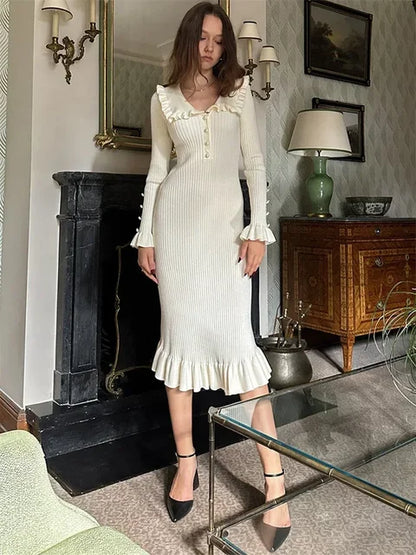Ruffled Patchwork Knit Maxi Dress for Ribbed Long Sleeve Party Dress Gown Slim Knitwear Long Dress