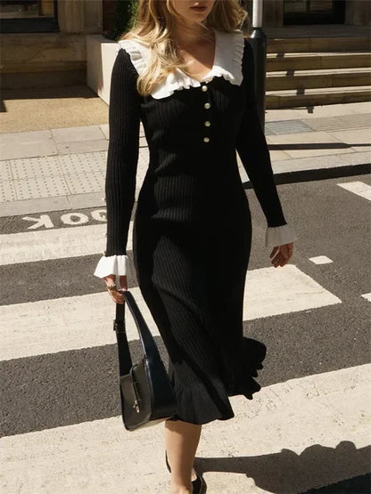 Ruffled Patchwork Knit Maxi Dress for Ribbed Long Sleeve Party Dress Gown Slim Knitwear Long Dress