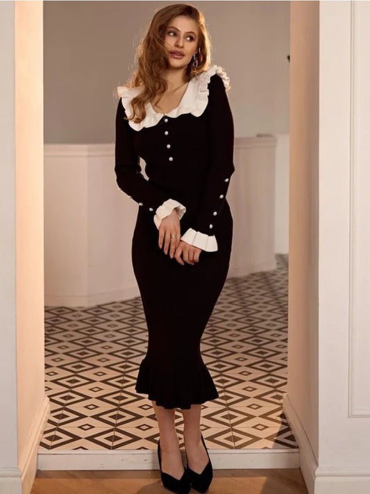 Ruffled Patchwork Knit Maxi Dress for Ribbed Long Sleeve Party Dress Gown Slim Knitwear Long Dress