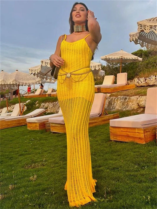 Ruffled See-through Backless Halter Dress Female Sleeveless Hollow Out High Waist Gown Spaghetti Maxi Dress