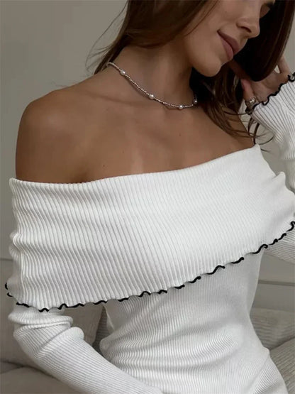 Ruffled Slim Knit Dress ’s Backless Long Sleeve Bandeau Contrast Autumn Party Dress Knitwear Maxi Dress