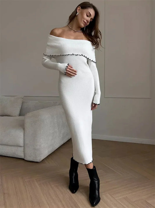 Ruffled Slim Knit Dress ’s Backless Long Sleeve Bandeau Contrast Autumn Party Dress Knitwear Maxi Dress