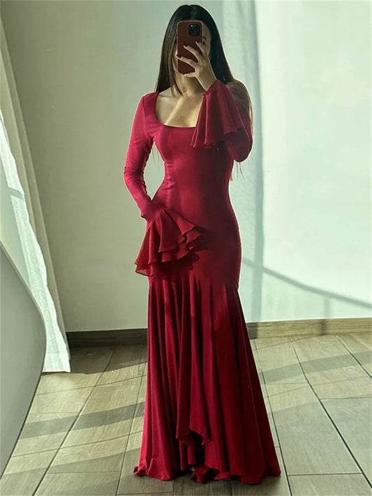 Ruffled Square Collar Maxi Dress for Bandage Slim See-through High Waist Party Dress Gown ’s Long Dress