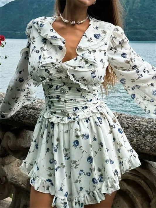 Ruffled V-neck Printed Mini Dress Female Bandage Autumn Lace-up Contrast Drawstring Dress for Party Dress