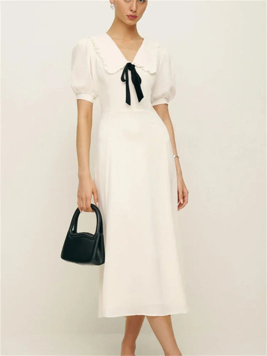 Ruffled White Long Dress ’s V-neck Lace-up Short Sleeve High Waist Patchwork Party Dress Maxi Dress