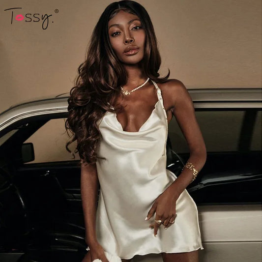Satin Halter Dress Summer Mini Dress Bodycon Slim Backless Clubwear Sleeveless Vestidos