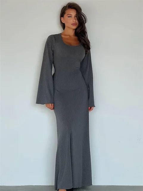 Scoop Neck Lace-up Ribbed Maxi Dress Female Long Sleeve Slim Loose Bandage Dress Autumn Dress New