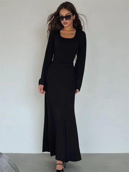 Scoop Neck Lace-up Ribbed Maxi Dress Female Long Sleeve Slim Loose Bandage Dress Autumn Dress New