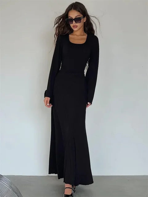 Scoop Neck Lace-up Ribbed Maxi Dress Female Long Sleeve Slim Loose Bandage Dress Autumn Dress New