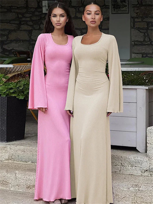 Scoop Neck Lace-up Ribbed Maxi Dress Female Long Sleeve Slim Loose Bandage Dress Autumn Dress New
