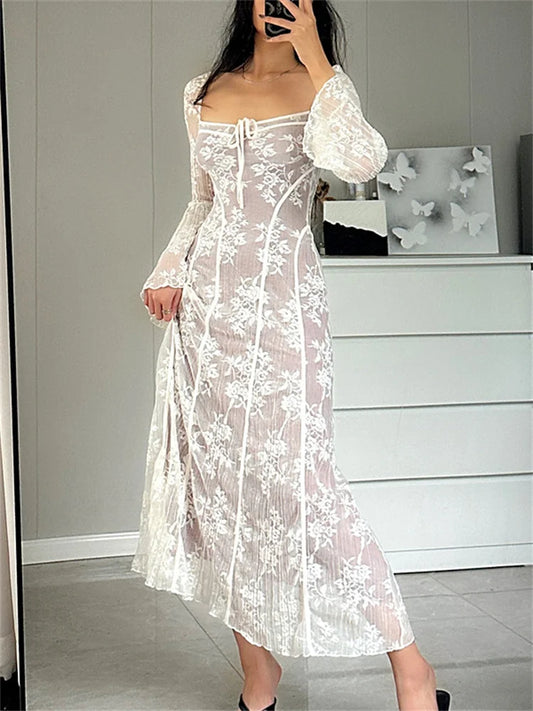 See-through Lace-up Lace Dress for Backless Slim Patchwork Printed Long Dress Bandage Party Dress