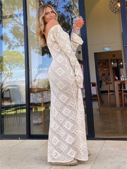 See-through Loose Dress Flared Sleeve for Backless Hollow Out Holiday Beach Outfits V-neck Pullover Maxi Dress