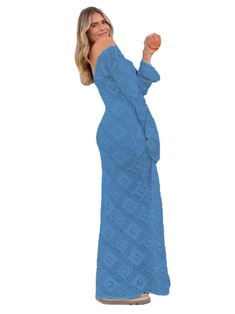 See-through Loose Dress Flared Sleeve for Backless Hollow Out Holiday Beach Outfits V-neck Pullover Maxi Dress