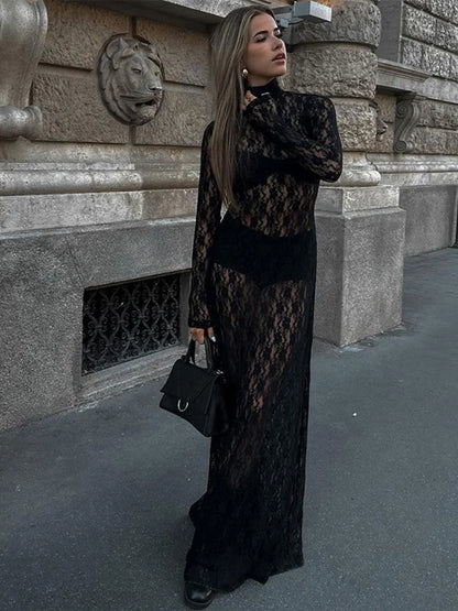 See-through Mesh Tight Maxi Dress Hollow Out Lace Mesh Patchwork Full Sleeve Banquent Long Dress