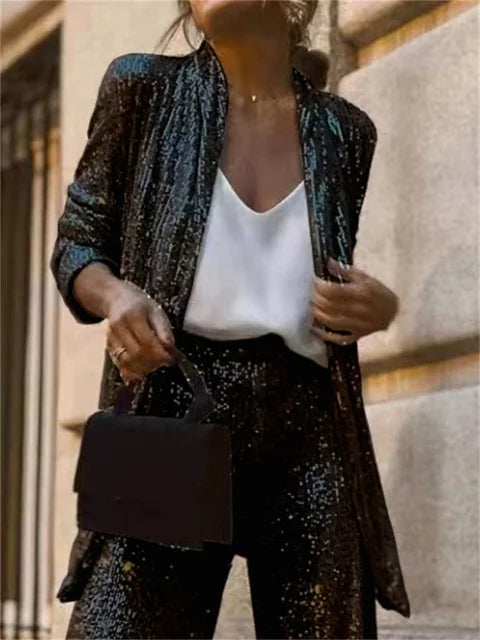 Sequin 2 Piece-set Straight Leg Slim Glitter Patchwork Suit Outwear and Pants Sets