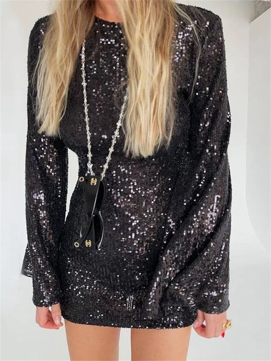 Sequin Autumn Mini Dress Female Glitter See-through Long Sleeve Club Party Dress Sparkle Dress