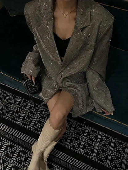 Sequin Glitter Lapel Suit Outwear for – Long Sleeve Coat