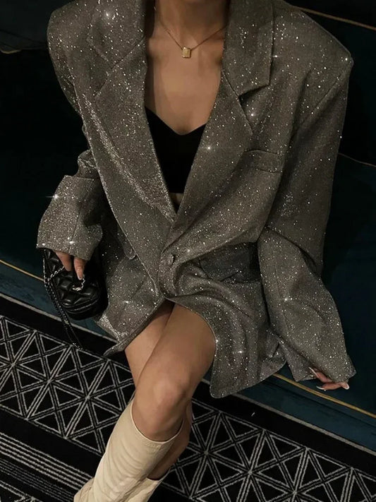 Sequin Glitter Lapel Suit Outwear for – Long Sleeve Coat