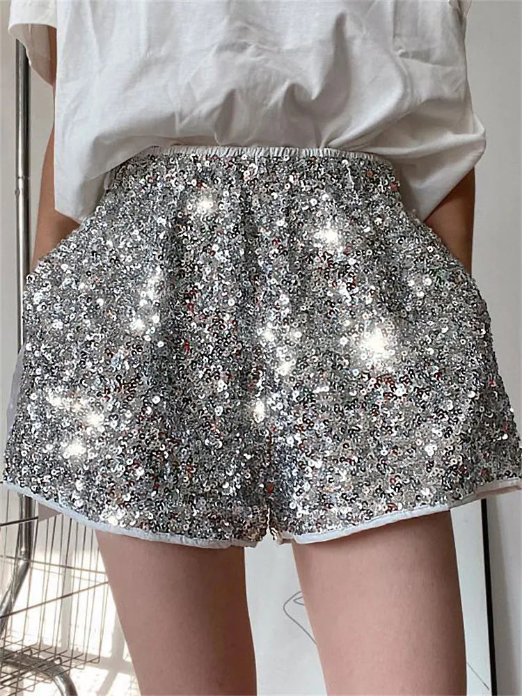 Sequin High Waist Patchwork Shorts for Summer Glitter Baggy Slim High Street Outfit Shorts Tracksuit