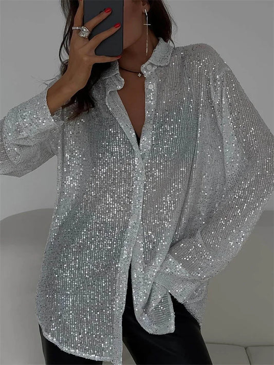 Sequin Loose Shirts Female Lapel Cardigan Summer Clothes New Outwear Glitter Party Blouse ’s