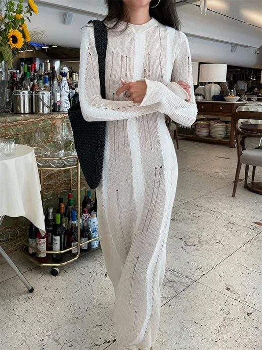 Hollow Out Knit Maxi Dress for Slim Long Sleeve Autumn Party Dress Female Knitwear Dress