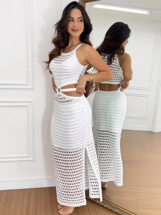Hollow Out Knit Maxi Dress High Waist Cut Out Mesh Sheer Sleeveless Hem Silt Beach Party Dress Femme