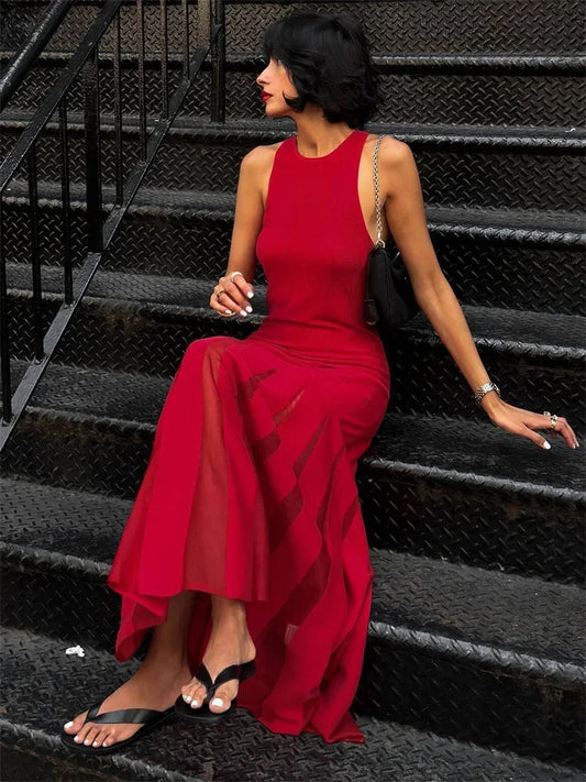 Knit Patchwork Maxi Dress Female Sleeveless See-through High Waist Party Dress ’s Knitwear Dress