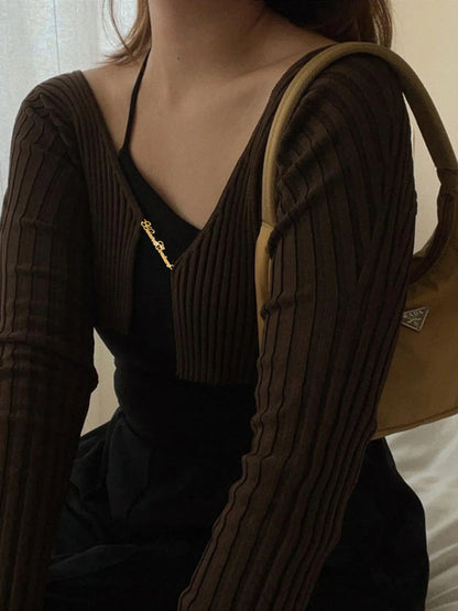 Knitted Long Sleeve Cardigan Sweaters for Shirts Ribbed Knit Cropped Tops Pullovers Femme