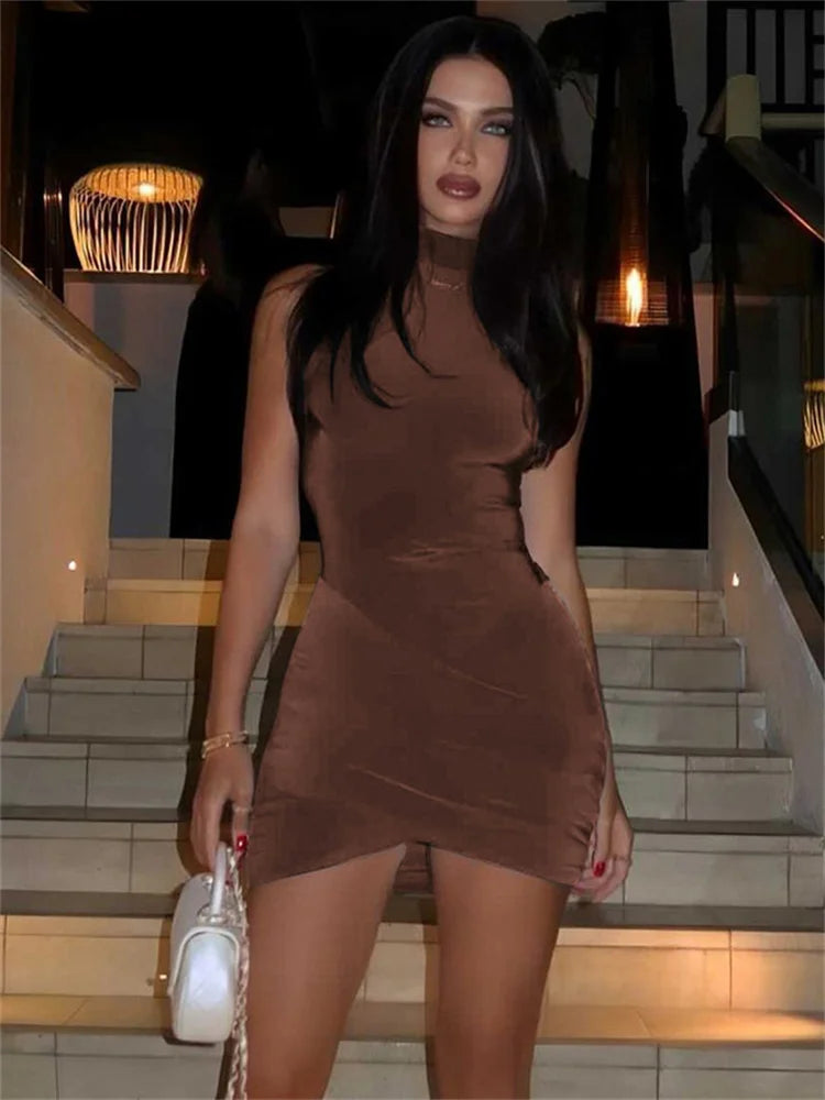 Sleeveless Patchwork Mini Dress Female Skinny Pleated High Waist Dress for Party Dress New
