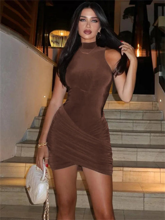 Sleeveless Patchwork Mini Dress Female Skinny Pleated High Waist Dress for Party Dress New