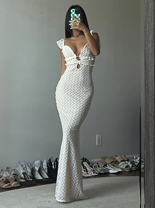 V-neck Knitted Hollow Long Dress for Hip Wrap Sleeveless Evening Party Maxi Knitwear Dress