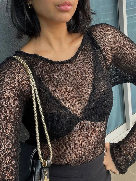 Sheer See-through Mesh Pullover Top for Long Sleeve Summer Tee Slim Crop Top Holiday Beach Y2k Top T-shirt
