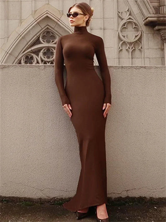 Skinny Turtleneck Backless Maxi Dress ’s Patchwork High Waist Hollow Out Party Dress Female Long Dress