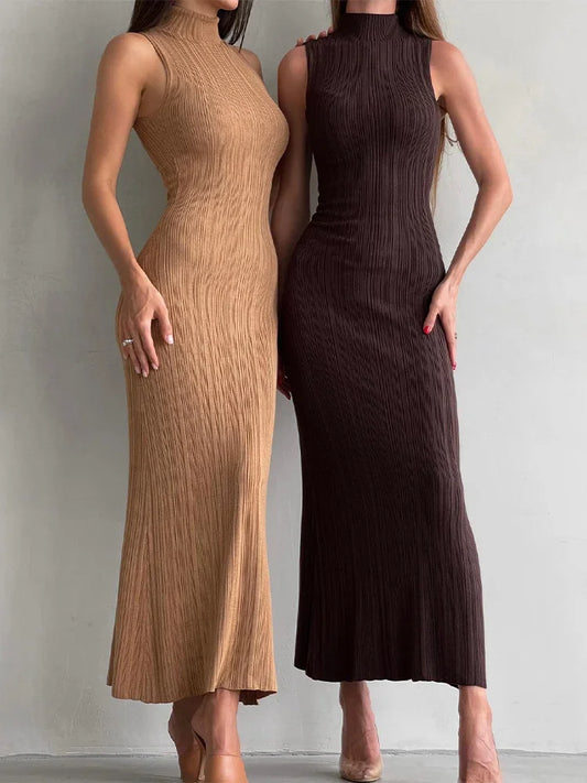 Sleeveless Knitwear Turtleneck Long Dress Female Slim Autumn Ribbed Knit Dress for Maxi Dress
