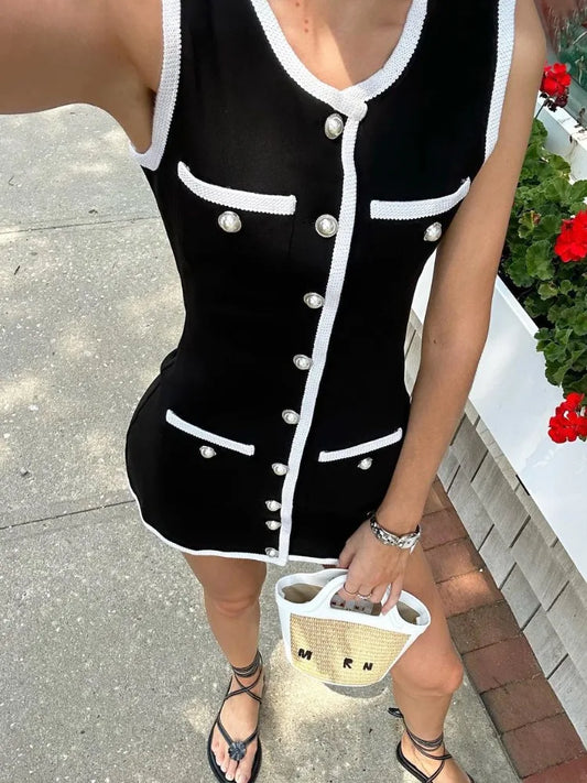 Sleeveless Patchwork Mini Dress With High Waist Pocket Cardigan