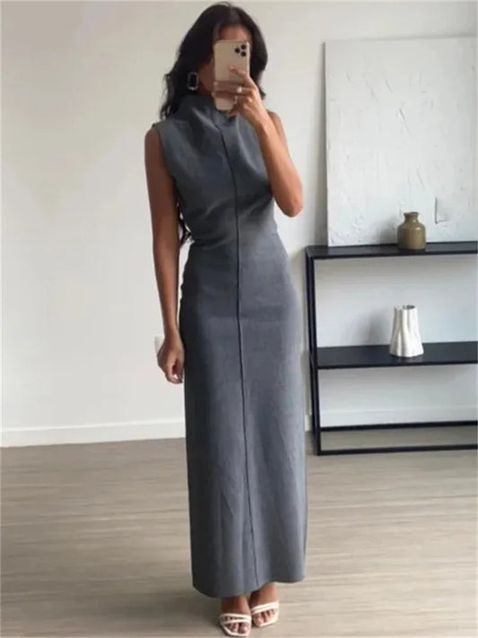 Sleeveless Split Patchwork Long Dress Female Straight Slim High Waist Zipper Maxi Dress Autumn Turtleneck Dress