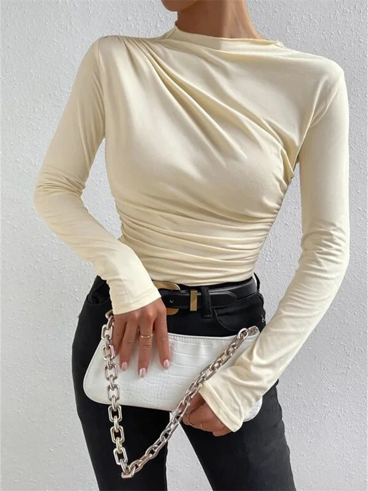 Pleated T-shirt for Patchwork Long Sleeve High Waist Inner Ruffled Crop Top Y2k Top Tee