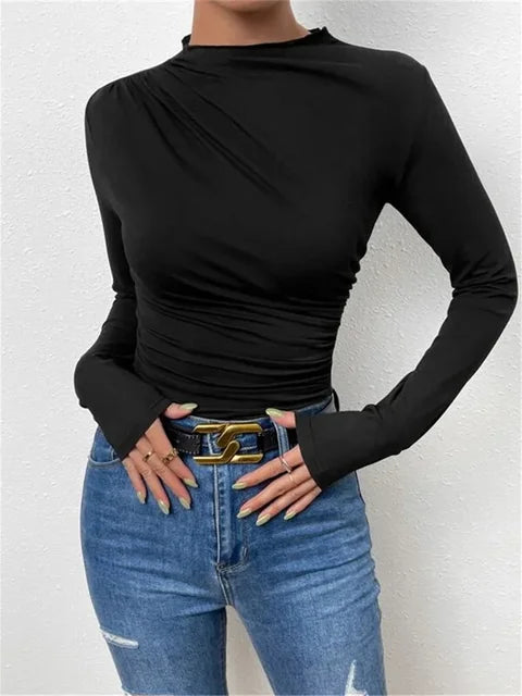 Pleated T-shirt for Patchwork Long Sleeve High Waist Inner Ruffled Crop Top Y2k Top Tee