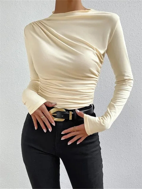 Pleated T-shirt for Patchwork Long Sleeve High Waist Inner Ruffled Crop Top Y2k Top Tee