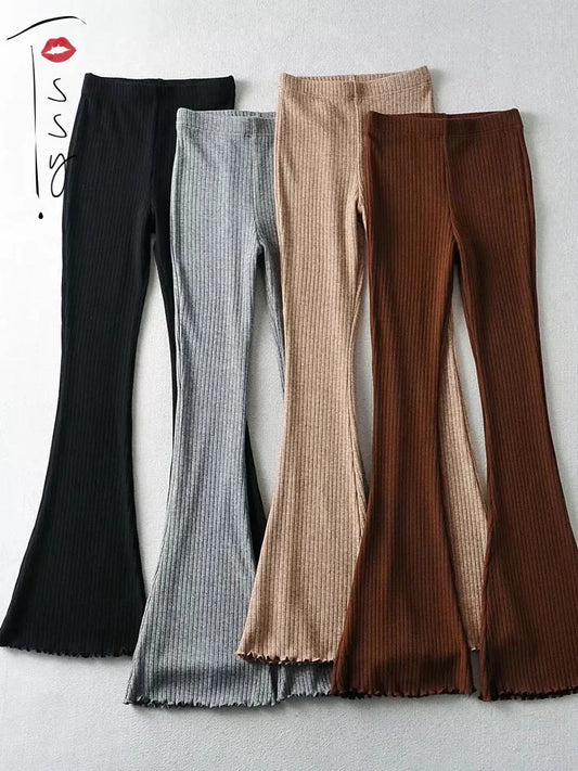 Knitted High Waist Flare Pants for Ribbed Leggings Female Stretchy Bodycon Trousers