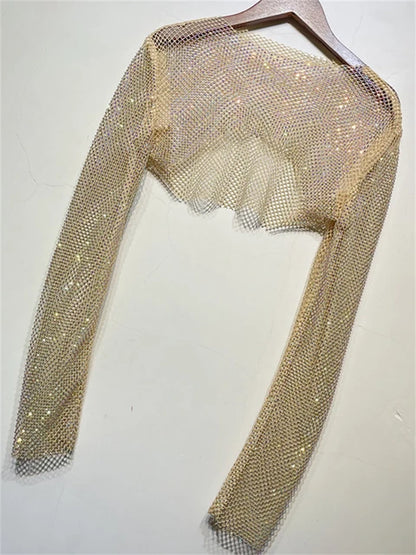 Sparkly Crystal Crop Tops for Fishnet Hollow Out See Through Cropped Coat Evening Night Club Top Party Wear