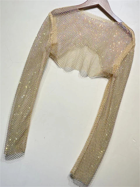 Sparkly Crystal Crop Tops for Fishnet Hollow Out See Through Cropped Coat Evening Night Club Top Party Wear