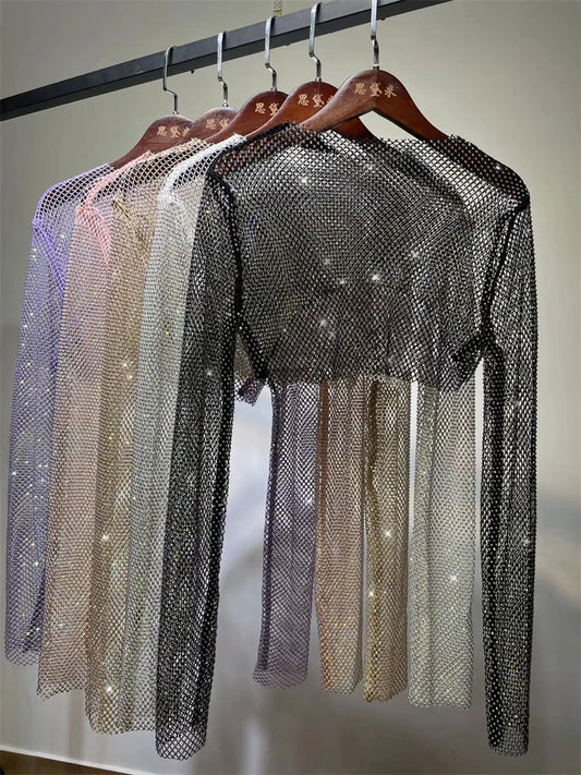 Sparkly Crystal Crop Tops for Fishnet Hollow Out See Through Cropped Coat Evening Night Club Top Party Wear