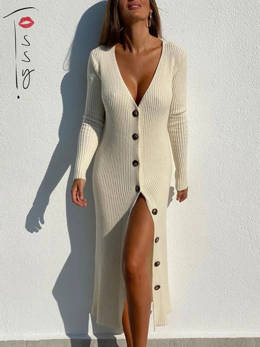 Spring New Knitted Sweater Dress V Neck Long Sleeve Bodycon Midi Dress Cardigan Knitwear White Dresses