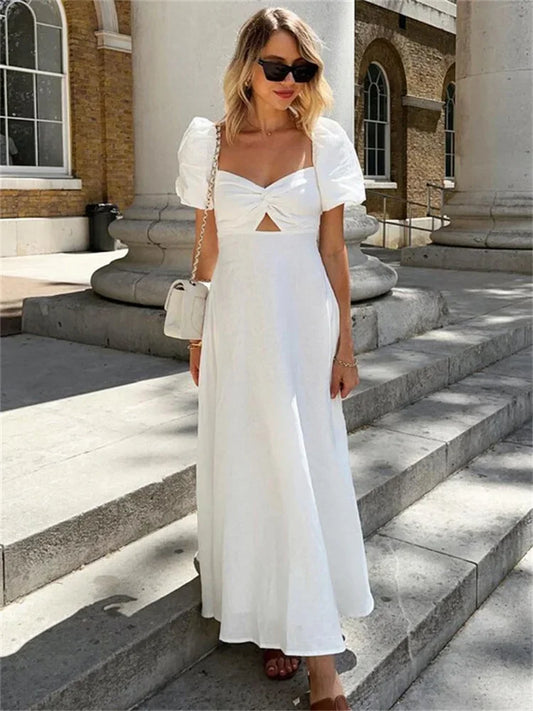 Square Neck Hollow Out White Long Dress for Twist Short Sleeve High Waist Autumn Party Dress ’s Clothes