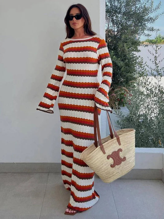 Striped Contrast Knit Maxi Dress Hollow Out Long Sleeve Cover Up Summer Loose Dress High Waist Dress
