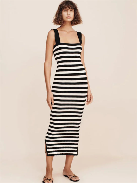 Striped High Waist Backless Maxi Dress Contrast Split Slim Off-shoulder Autumn Party Dress