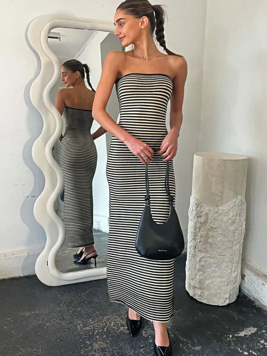 Striped Knit Female Long Dress Bandeau Loose Contrast High Waist Backless Patchwork Summer Knitwear Maxi Dress